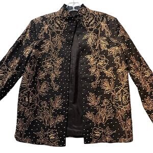 Draper's & Damon's Open Front Linen Blend Beaded Jacket Women 12 Black Brown
